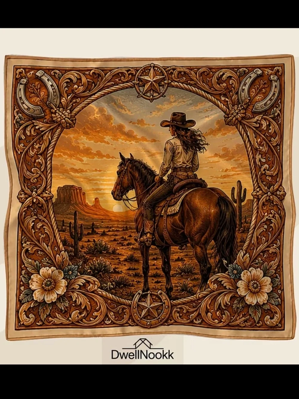 Western Sunset Cowgirl Print Scarf - Golden/Brown 35.83”